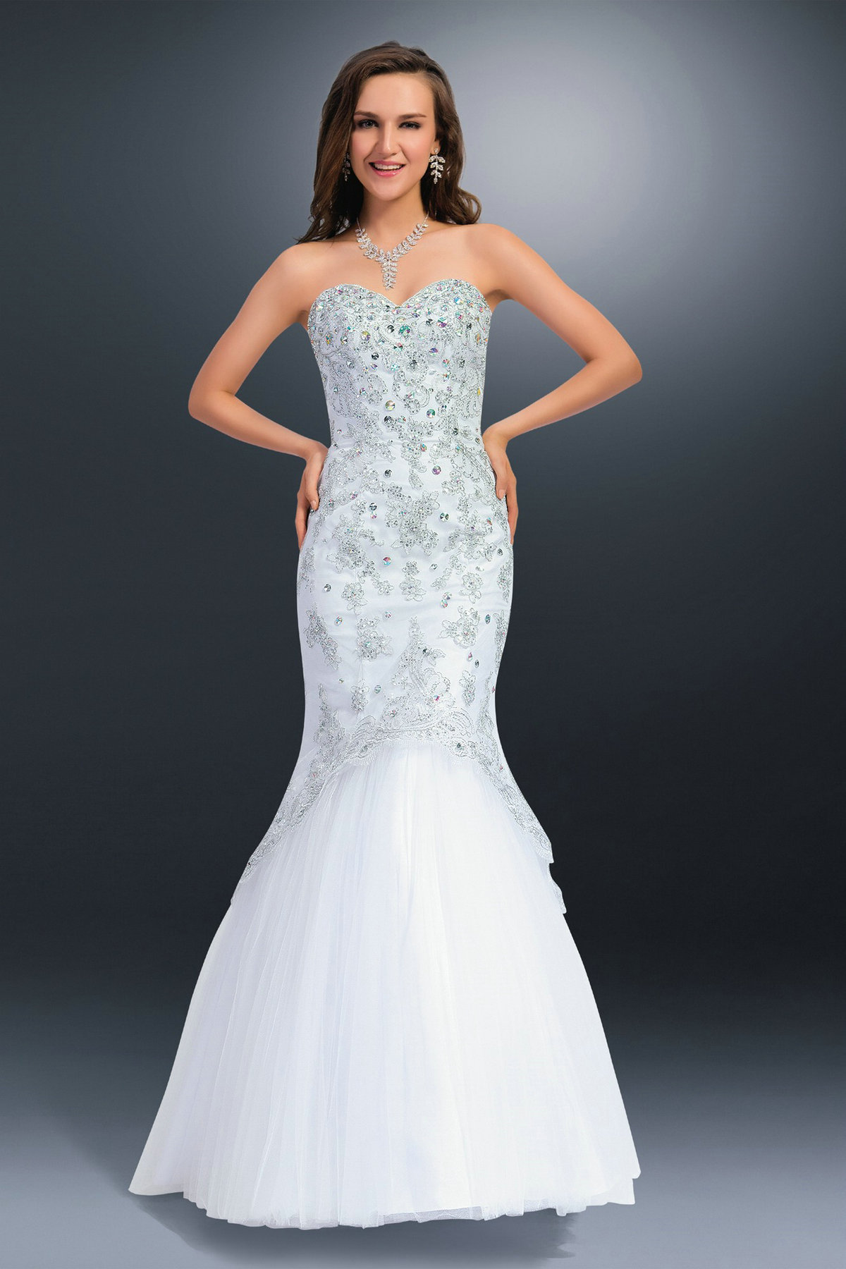 Cheap Metallic-Print White Long Prom Dress -PromGirl